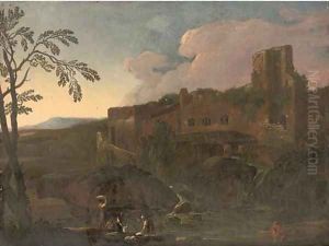 A landscape with washerwomen at a river, ruins beyond