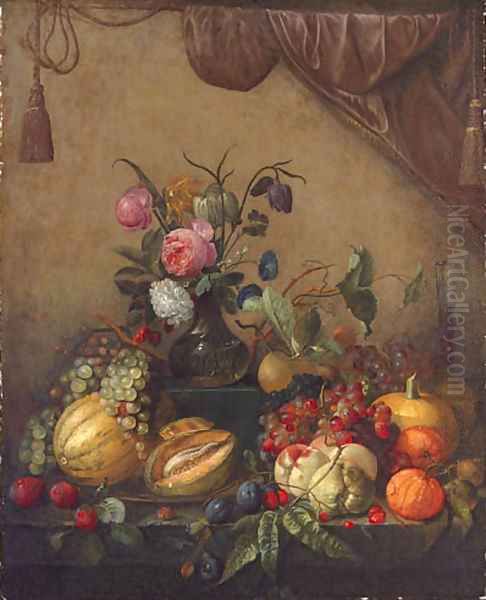 Grapes, melons, plums, peaches, oranges, cherries, a pumpkin, a glass of wine and a vase of flowers - view 1