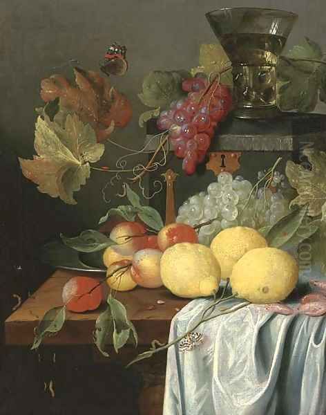 Lemons, peaches, prawns and grapes with a Magpie butterfly - view 1