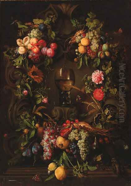 Swags of grapes, peaches, plums and lemons decorating a niche with a roemer, with a sparrow, butterflies, fly, beetles and a dragonfly - view 1