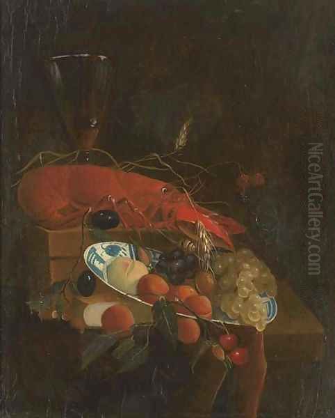 A lobster, a roemer of wine, a book, grapes, cherries, plums and other fruit in a dish on a partly-draped ledge - view 1