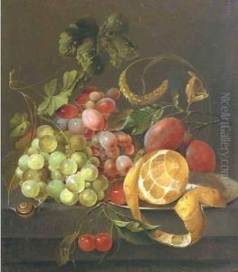 A partly peeled orange on a pewter platter with grapes, plums, cherries and a snail, on a stone ledge