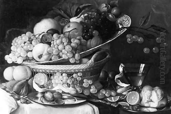 Grapes, A Peach, A Pomegranate, A Quinch And Walnuts On A Wan Li Dish On A Basket And A Peeled Orange, A Bun And Walnuts On Pewter Plates - view 1