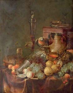 Grapes, peaches, cherries, a melon and an artichoke, with a blue and white porcelain dish