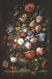 Roses, tulips, marigolds, a geranium and other flowers in a sculpted vase with butterflies, caterpillars, a ladybird, a bee, a snail