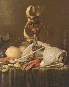 Lemons, grapes on the vine, prawns, a lobster on a pewter dish