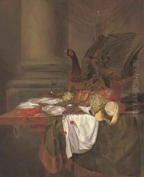 Pheasant pie, grapes, a partly-peeled lemon, oysters on a pewter dish, cherries, shrimp and a langoustine on a partly-draped table - view 1
