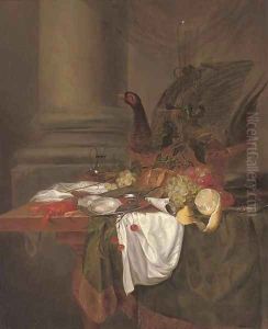 Pheasant pie, grapes, a partly-peeled lemon, oysters on a pewter dish, cherries, shrimp and a langoustine on a partly-draped table
