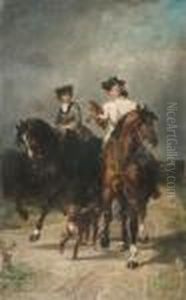 Couple A Cheval Chassant Au Faucon