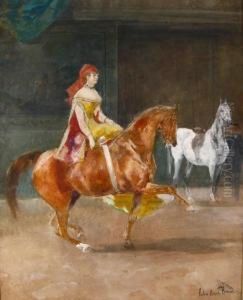 Lady Riding Side-saddle On Abrown Horse by John Lewis Brown