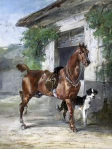 Hunter And Hound Beside A Stable Door