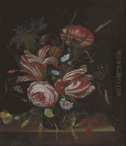 A pink rose, tulips, carnations and other flowers with red berries and butterflies in a glass vase, on a ledge
