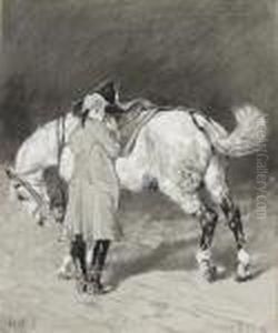 Un Cavalier Debout A Cote De Son Cheval by John Lewis Brown