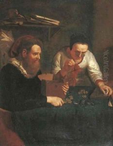 An old woman counting money for a gentleman by Jan Josef, the Elder Horemans