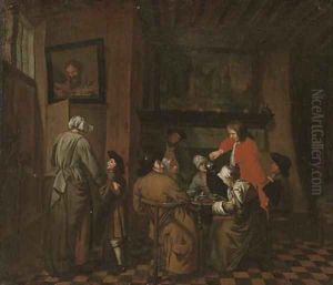 An interior with men and women drinking tea by Jan Josef, the Elder Horemans