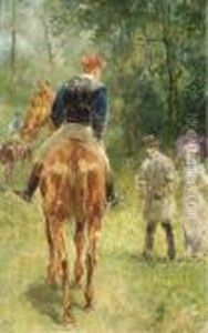 Figures And Horses In A Wooded Landscape by John Lewis Brown