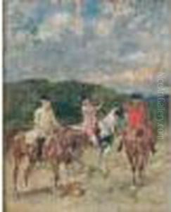 Trois Cavaliers Sous Le Regne De Louis Xv Dans Un Paysage by John Lewis Brown