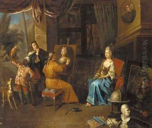 An artist in a studio painting a portrait of a lady An artist in a studio painting a portrait of a lady
