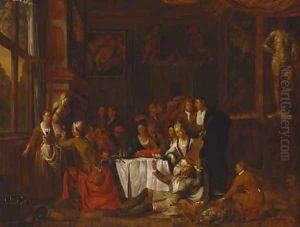 Elegant company feasting and making music in an interior by Jan Josef, the Elder Horemans