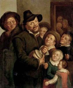 A man playing a rommelpot to a crowd A man playing a rommelpot to a crowd