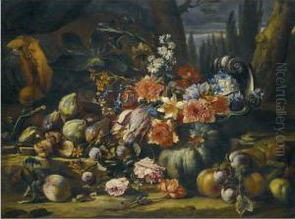 A Still Life With Flowers In A 
Silver Fruit Dish, Melons, Peaches,apples, Plums, Roses And Figs On A 
Rocky Bank - view 1