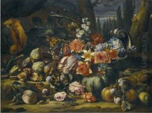 A Still Life With Flowers In A 
Silver Fruit Dish, Melons, Peaches,apples, Plums, Roses And Figs On A 
Rocky Bank by Abraham Brueghel
