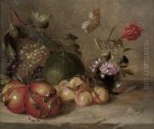 Pomegranates, Grapes, Peaches
And A Melon, With Peonies In A Glass Vase On A Stone Ledge, With A
Butterfly And A Snail by Abraham Brueghel