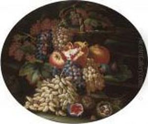 A Basket Of Grapes, Pomegranates, Figs And Chestnuts At The Base Of Classical Column