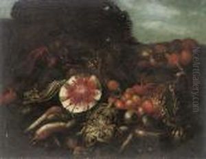 A Watermelon, Cabbages, 
Radishes, Peaches And Other Fruits And Vegetables, In A Landscape