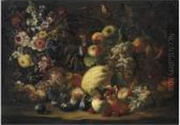Natura Morta Di Frutta Con Vaso Di Fiori E Un Uccellino - view 1