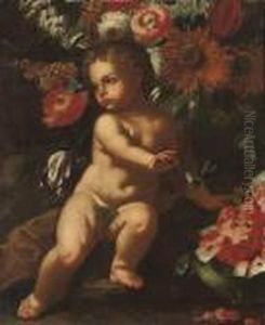 A Putto Surrounded By Flowers, By A Watermelon