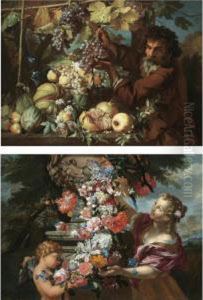 A Still Life With A Girl And 
Putto Adorning A Sculpted Urn With A Garland Of Flowers (spring); A 
Still Life Of Pomegranates, Melons, Pears, Plums And Morning Glory, With
 A Gardener Picking Grapes From A Vine (autumn) - view 1