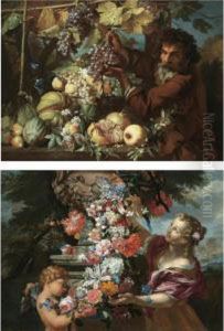 A Still Life With A Girl And 
Putto Adorning A Sculpted Urn With A Garland Of Flowers (spring); A 
Still Life Of Pomegranates, Melons, Pears, Plums And Morning Glory, With
 A Gardener Picking Grapes From A Vine (autumn) by Abraham Brueghel