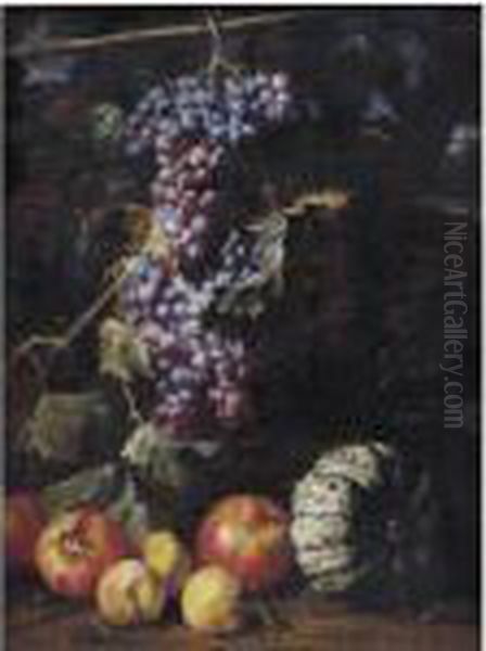 Still Life Of A Bunch Of Grapes
Hanging From A Twig, Pomegranates, Peaches, A Melon And A Salamander,
All In A Landscape - view 1