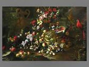 Fruchte, Pilze Und Blumenstillleben Mit Papagei Undamphore by Abraham Brueghel