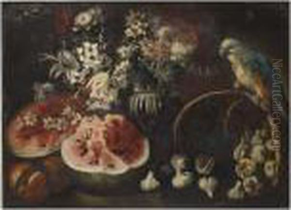 A Still Life With A Watermelon
And Pomme Granates On A Wooden Table, A Vase With Tulips, Daffodils And
Other Flowers And A Parrot On A Fallen Basket With Figs - view 1