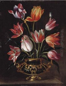 Parrot Tulips In An Urn With A Dragonfly And A Butterfly On A Stone Ledge