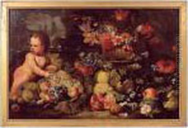 Nature Morte De Fruits Et Fleurs Avec Putto - view 1
