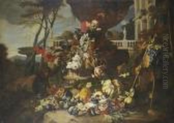 A Sculpted Urn With Tulips,
Carnations, Morning Glory And Other Flowers With Pommegranates, Melons,
Figs And Grapes, A Lizard And A Monkey On A Bank Before A Terrace, A
Fountain Beyond - view 1