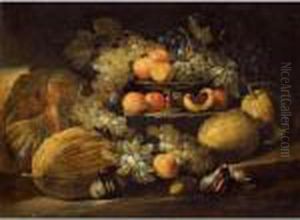 A Still Life Of Melons, Grapes, Figs And Apricots Arranged Over Some Stone Steps