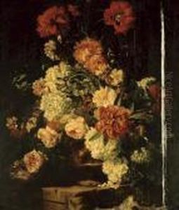 Peonies, Roses, Hydrangea,
Carnations And Irises In A Sculpted Terracotta Urn On A Stone Ledge by Abraham Brueghel