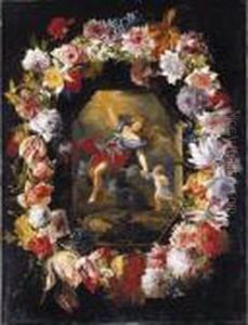 A Garland Of Flowers Surrounding A Scene Of The Guardian Angel by Abraham Brueghel
