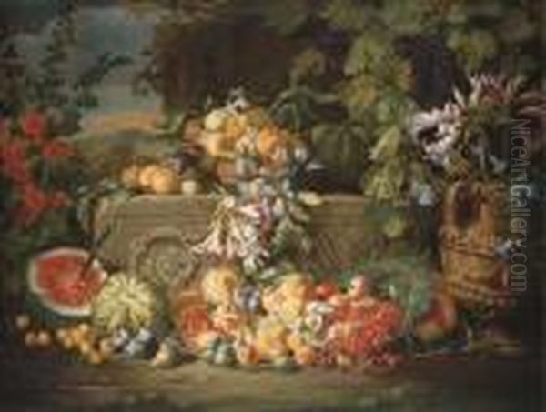 A Watermelon, Cherries, Peaches,
 Apricots, Plums, Pomegranate Andfigs With Lilies, Roses, Morning Glory 
And Other Flowers On Anacanthus Stone Relief, A Mountainous Landscape 
Beyond - view 1