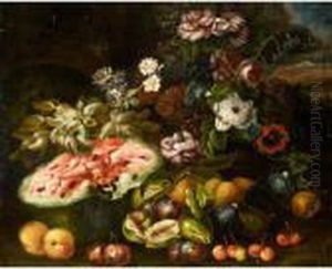 Still Life Life With Grapes, A
Melon, Figs, Plums, Peaches And Various Flowers In A Landscape by Abraham Brueghel