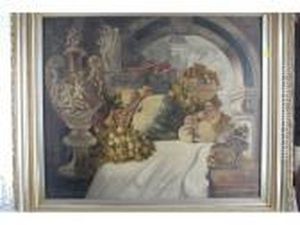 Still Life - Fruit And Antiquities On A Stone Ledge, With Aclassical Background by Abraham Brueghel
