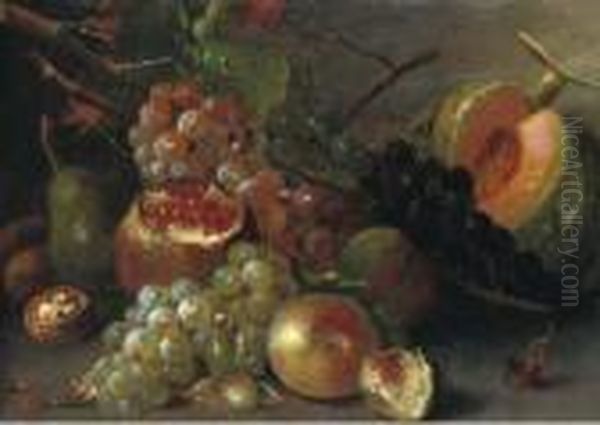 Grapes, A Melon, Cherries, A Walnut, A Pomegranate And Other Fruitson A Wooden Ledge - view 1
