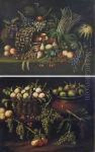Apples, Pears, Plums, A Melon, 
Peaches, Cherries And Grapes With Anupturned Basket And A Earthenware 
Jug On A Ledge; And Peaches In Abasket, Pears In An Earthenware Pot, 
Grapes, Cherries And Otherfruit On A Ledge