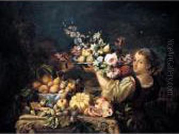 A Still Life Of A Melon, Open
Pomegranates, Plums, Figs, Peaches And Pears On A Carved Stone Table,
With A Girl Supporting A Bowl Of Figs And Flowers To The Right - view 1