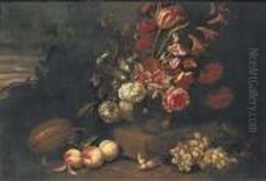 Roses, Tulips, Irises,
Hydrangeas And Other Flowers In A Vase On Alow Plinth Flanked By Grapes
And Peaches And Other Fruits With Thesky Beyond Roses, Tulips, Irises,
Hydrangeas And Other Flowers In A Vase On Alow Plinth Flanked By Grapes
And Peaches And Other Fruits With Thesky Beyond