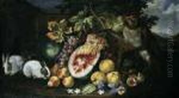 Brueghel, Abraham (1631
Antwerpen - Um 1690 Antwerpen), Umkreis Fruchtestilleben Mit Hasen Und
Einer Meerkatze. Ol Auf Leinwand. H 69; B 124 Cm. - view 1